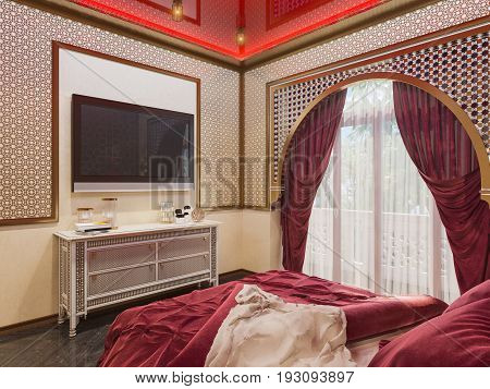 3d illustration bedroom interior design of a hotel room in a traditional Islamic style. Beautiful deluxe room Ramdan Kareem background interior view decorated with Islamic motifs.