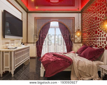 3d illustration bedroom interior design of a hotel room in a traditional Islamic style. Beautiful deluxe room Ramdan Kareem background interior view decorated with Islamic motifs.