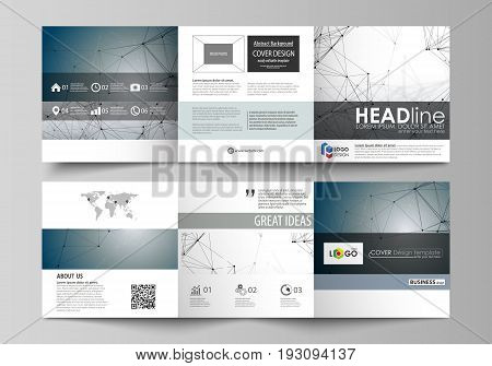 Set of business templates for tri fold square design brochures. Leaflet cover, abstract flat layout, easy editable vector. DNA and neurons molecule structure. Medicine, science, technology concept. Scalable graphic.