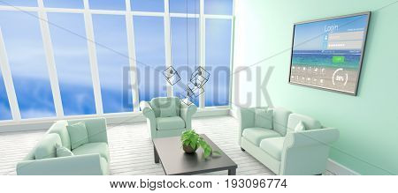 Digitally composite image of login window with text and various icons on device screen against computer graphic interior of modern living room