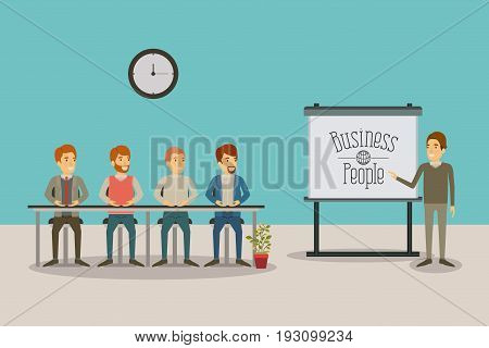 color background men group sitting in a desk for executive male in presentacion business people vector illustration