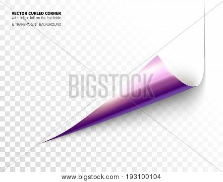 Vector realistic curled corner with bright reflection foil on the backside and shadow. Transparent background realistic vector illustration.