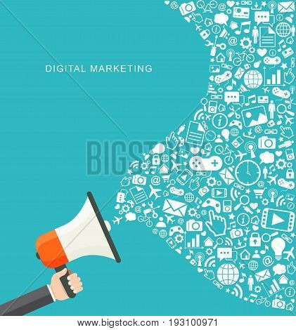 Digital marketing flat illustration. Hand holding megaphone. eps8