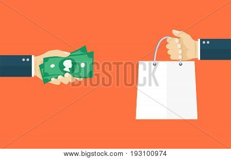 Deal flat illiustration.Hand holding money and hand holding paper bag. eps10