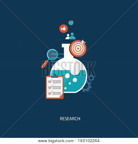 Research concept flat illustration. Flask with icons. eps10