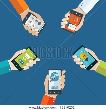 Mobile applications concept. Hand with phones flat illustration. eps10