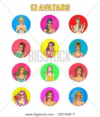 Collection of avatars glamorous sexy women in pop art style. Cool female avatars for account in social networks