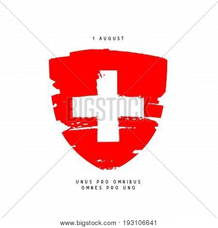 Swiss Day August 1. Coat of arms with a white cross. Vector illustration. Holiday postcard. The motto is one for all and one for all in Latin
