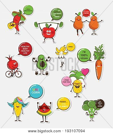 set of funny fruit and vegetable icons. Cartoon face food emoji. Funny food concept. vector illustration