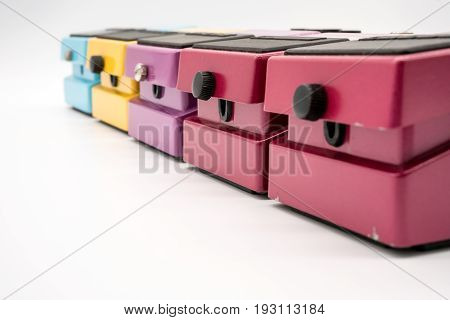 Group of vintage guitar pedal isolated on white background