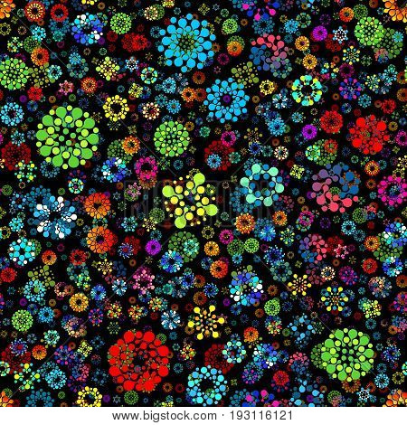 Flower garden abstract seamless circles design pattern unusual. Vector isolated repeatable round shapes background. Universe futuristic metaball dots wallpaper
