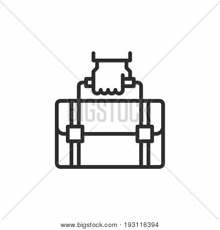 Hand holding suitcase line icon outline vector sign linear style pictogram isolated on white. Business portfolio symbol logo illustration. Editable stroke. Pixel perfect graphics