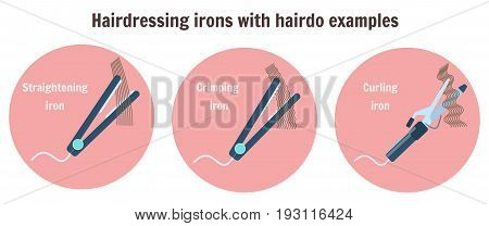 Flat hairdressing irons with hairdo examples. Infographic with curling iron, thinning iron and crimping iron, barbershop and hair style salon equipment