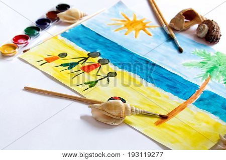 Kid's painting of holiday landscape - Seasky and beach