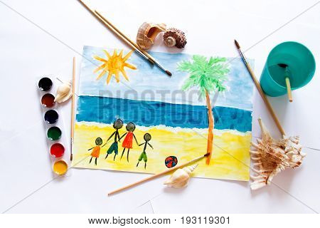 Kid's painting of holiday landscape - Seasky and beach