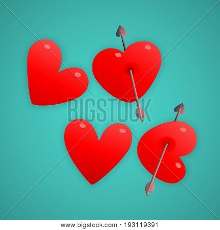 Glossy hearts symbol letters write love, vector illustration on turquoise background
