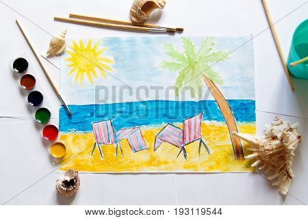 Kid's painting of holiday landscape - Seasky and beach