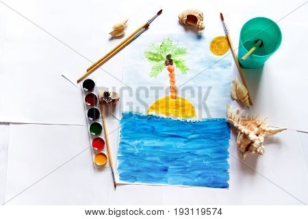 Kid's painting of holiday landscape - Seasky and beach