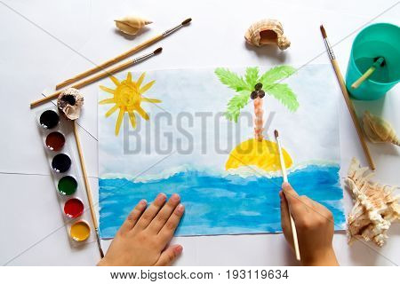 Kid's painting of holiday landscape - Seasky and beach