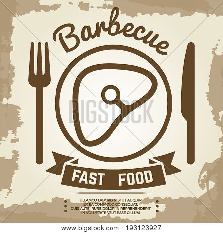 Vintage poster with babecue label with meat, fork, knife and lettering sign. Banner barbecue vector illustration