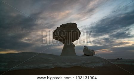 Abstract nature rock formations aka sculptures Chicken under the tree at sunset in White desert Sahara Egypt