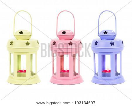 pink, blue and yellow laterns isolated on a white background