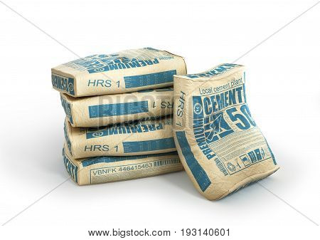 Cement bags stack. Paper sacks isolated on white background. 3d illustration