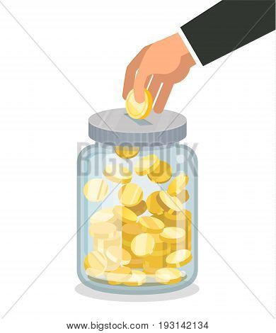 Saving flat money jar with hand hoding coin on white background