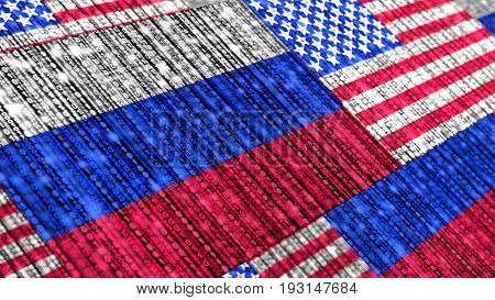 Russian and us flag composed of binary datastreams cybersecurity concept 3D illustration
