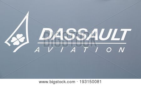 PARIS FRANCE - JUN 23 2017: Dassault Aviation sign at the Paris Air Show 2017. Dassault Aviation international French aircraft manufacturer of aircraft and a subsidiary of Dassault Group.