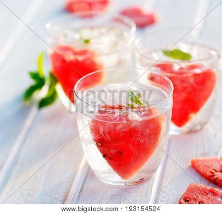Refreshing flavored water with watermelon and mint. Healthy and delicious drink on a hot summer