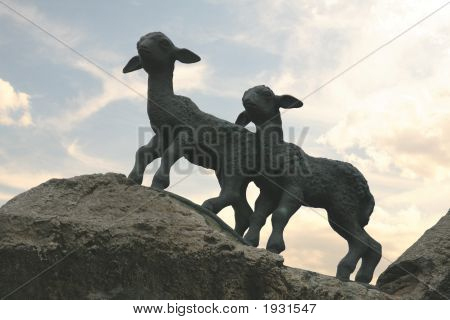 Zwei Lämmer auf den Felsen - Abend