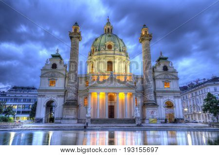 Saint Charles's Church at Karlsplatz in Vienna by night, Austria, HDR