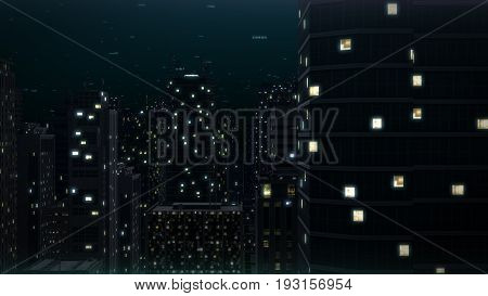 Night City In Tall Buildings 3D Illustration