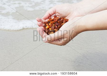 Amber in the hand with a bright reflection on the palm against the background of the sea. Bright glow of the sun stone in female hand. Mineral from resin yellow with insects inside against the sea.