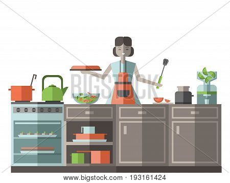 A woman in an apron preparing food in the kitchen. Vector illustration, isolated on white bsckground.