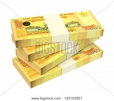 Bhutanese ngultrum bills isolated on white background. 3D illustration.