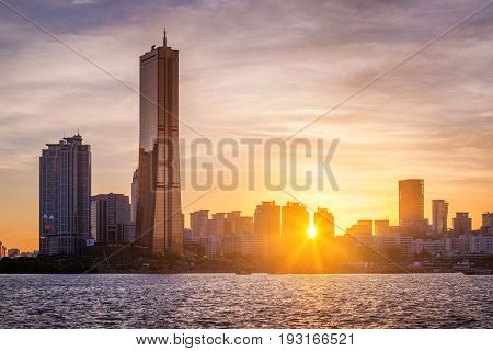 Seoul City And Skyscraper, Yeouido In Sunset, South Korea.