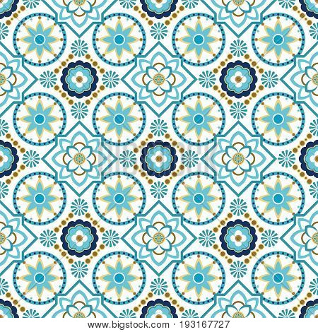 blue saemless floral geometric vector ornament on white background
