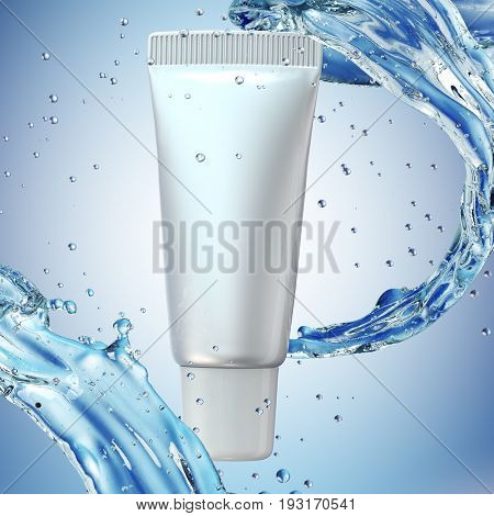 Cream bottle mock up in water splash on blue background. 3D illustration