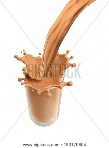 Splash of chocolate milk from the glass on isolated white background. 3d rendering