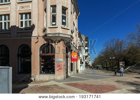 SHUMEN, BULGARIA - APRIL 10, 2017:  Central pedestrian street bul. Slavyanski in city of Shumen, Bulgaria