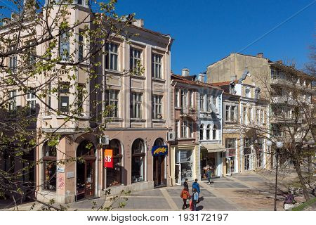 SHUMEN, BULGARIA - APRIL 10, 2017:  Central pedestrian street bul. Slavyanski in city of Shumen, Bulgaria