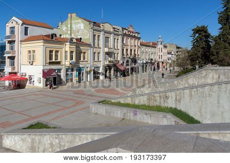 SHUMEN, BULGARIA - APRIL 10, 2017:  Central pedestrian street bul. Slavyanski in city of Shumen, Bulgaria