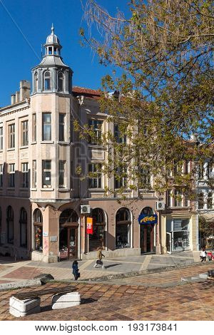 SHUMEN, BULGARIA - APRIL 10, 2017:  Central pedestrian street bul. Slavyanski in city of Shumen, Bulgaria