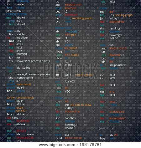 Assembler abstract program source  with binary code on screen - programing or debugging process vector illustration