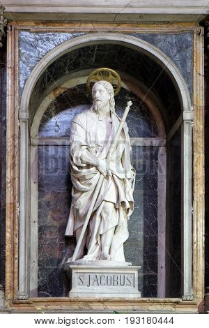 ROME, ITALY - SEPTEMBER 02: St James the Great by Ippolito Buzzi statue in Chapel of St James, Church San Giacomo in Augusta in Rome, Italy on September 02, 2016.