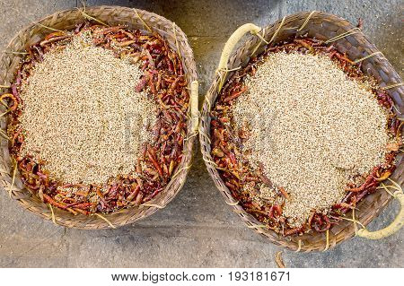 Two wicker baskets with great amount of fried whole coriander seeds and chili peppers. Preparation for the feast in a Hindu temple