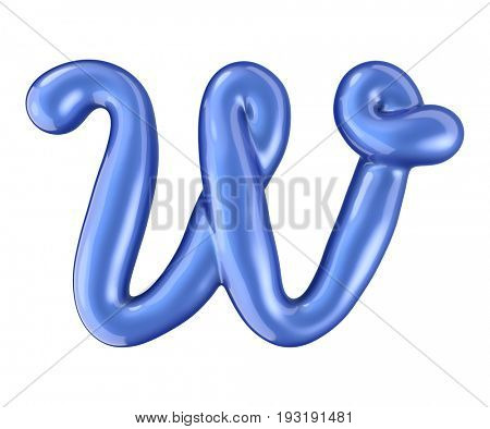 Glossy blue letter W uppercase. 3D rendering font with glint isolated on white background.