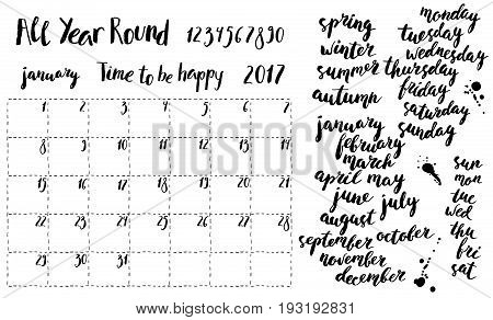 Hand written ink monthly planner template and calendar elements. Month season and week days names numbers. Brush lettering with curved baseline.